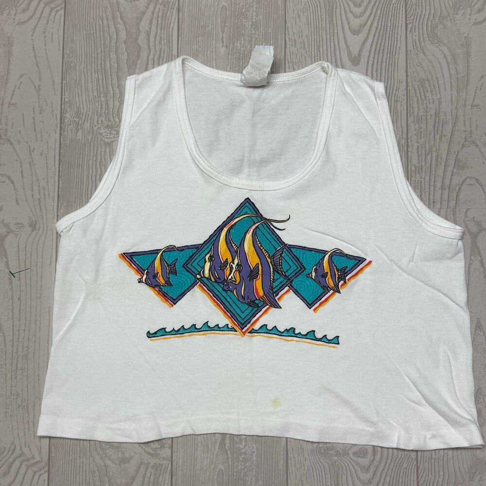 Vintage Sun Lover Tropical Fish Tank Top Women’s White Beach Graphic One Size S